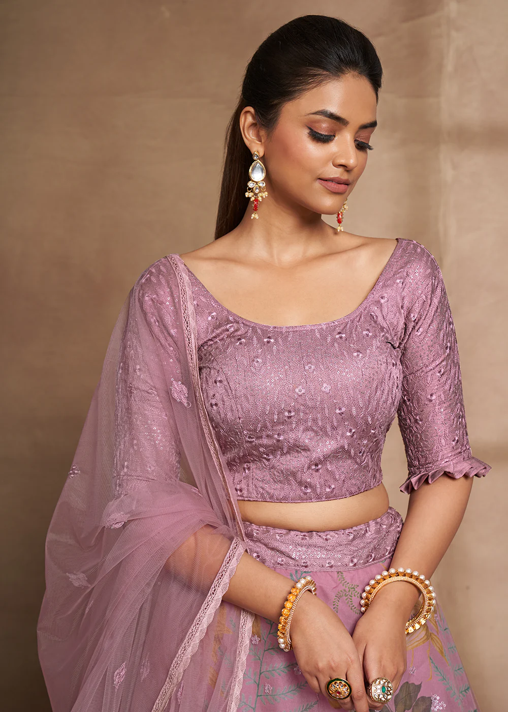 Lovely Purple Floral Digital Printed & Embroidered Lehenga Choli - Image 2