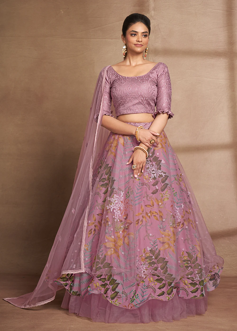 Lovely Purple Floral Digital Printed & Embroidered Lehenga Choli - Image 5