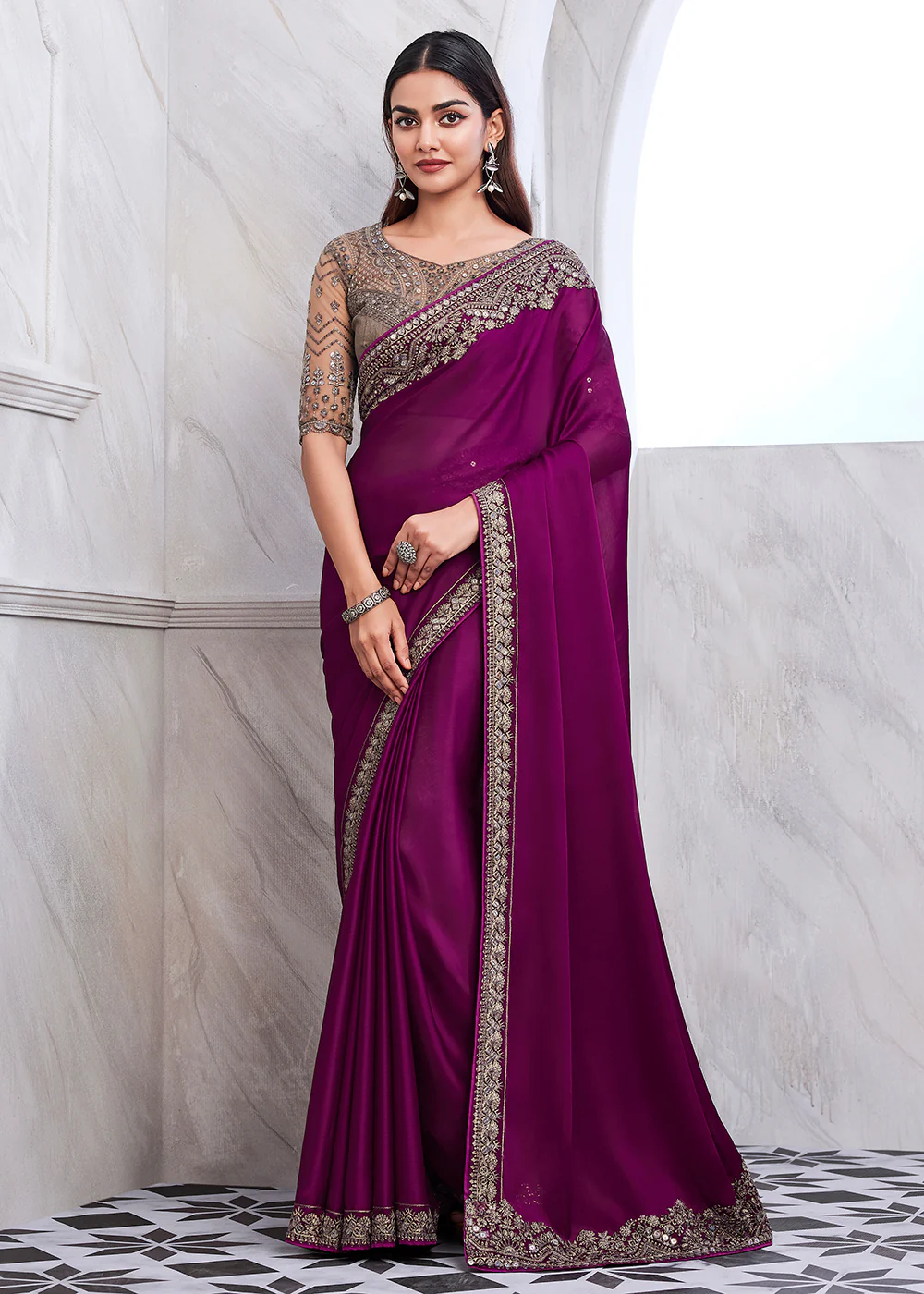 Lovely Purple Wine Silk Embroidered Designer Saree