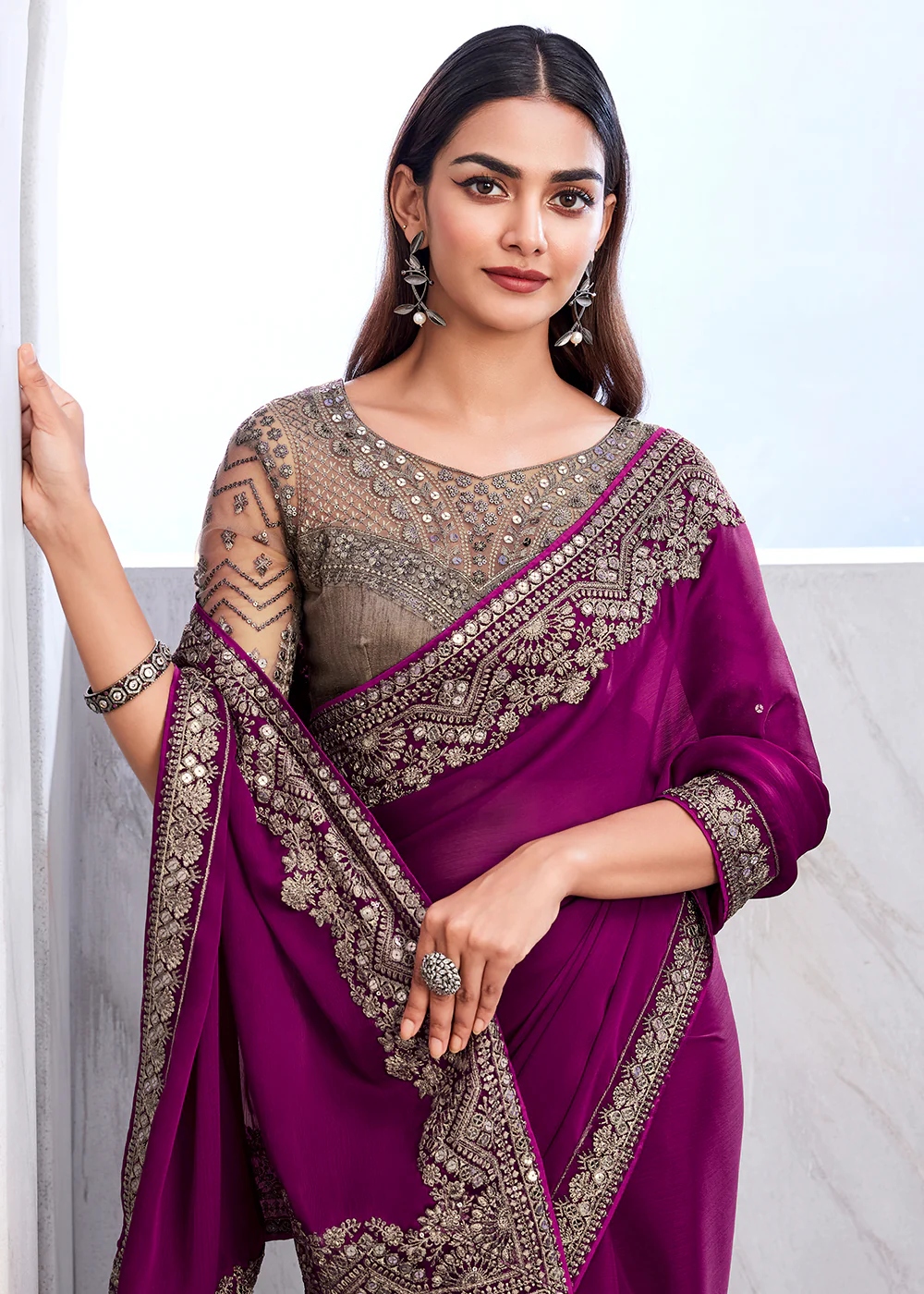 Lovely Purple Wine Silk Embroidered Designer Saree - Image 2