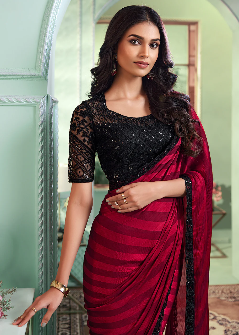 Lovely Red Art Silk Embroidered Wedding Party Wear Saree - Image 2
