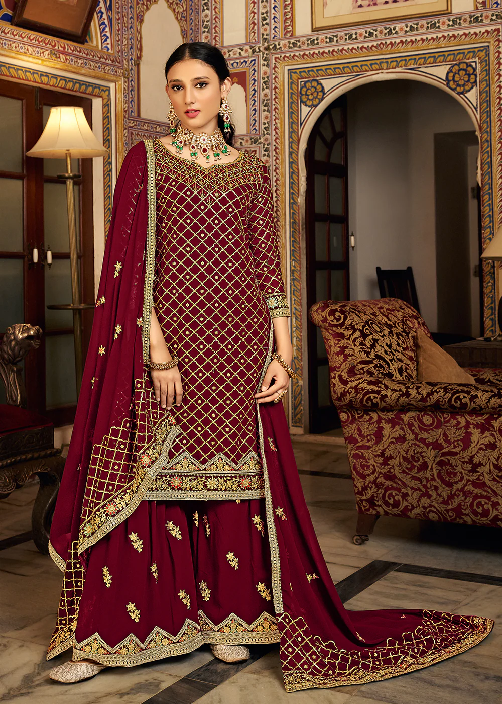 Lovely Red Embroidered Designer Festive Palazzo Suit