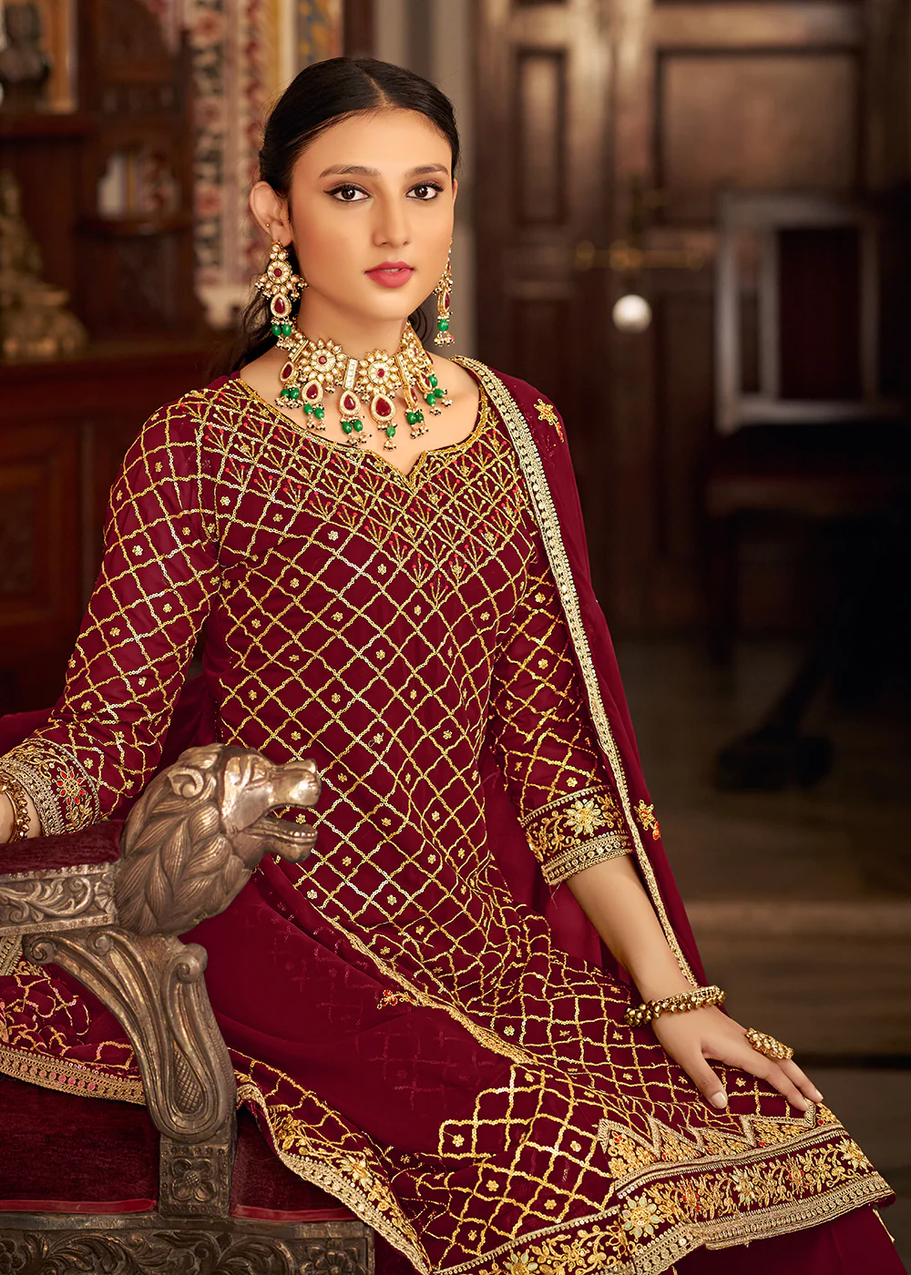 Lovely Red Embroidered Designer Festive Palazzo Suit - Image 3