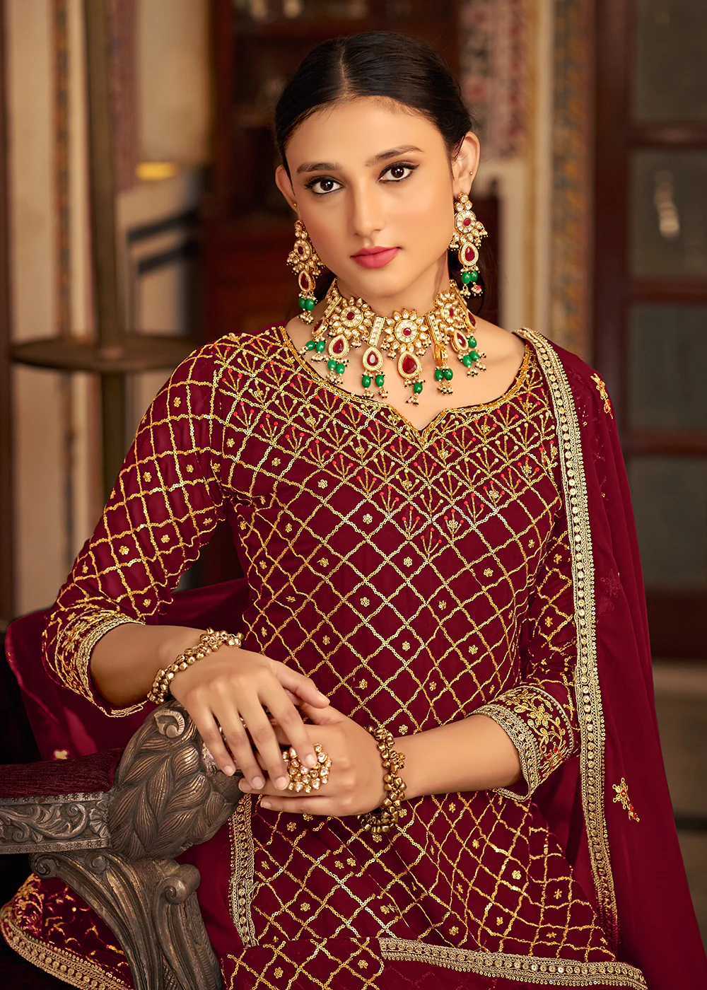 Lovely Red Embroidered Designer Festive Palazzo Suit - Image 4