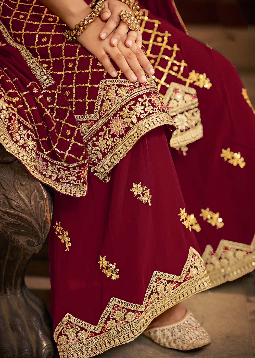 Lovely Red Embroidered Designer Festive Palazzo Suit - Image 5