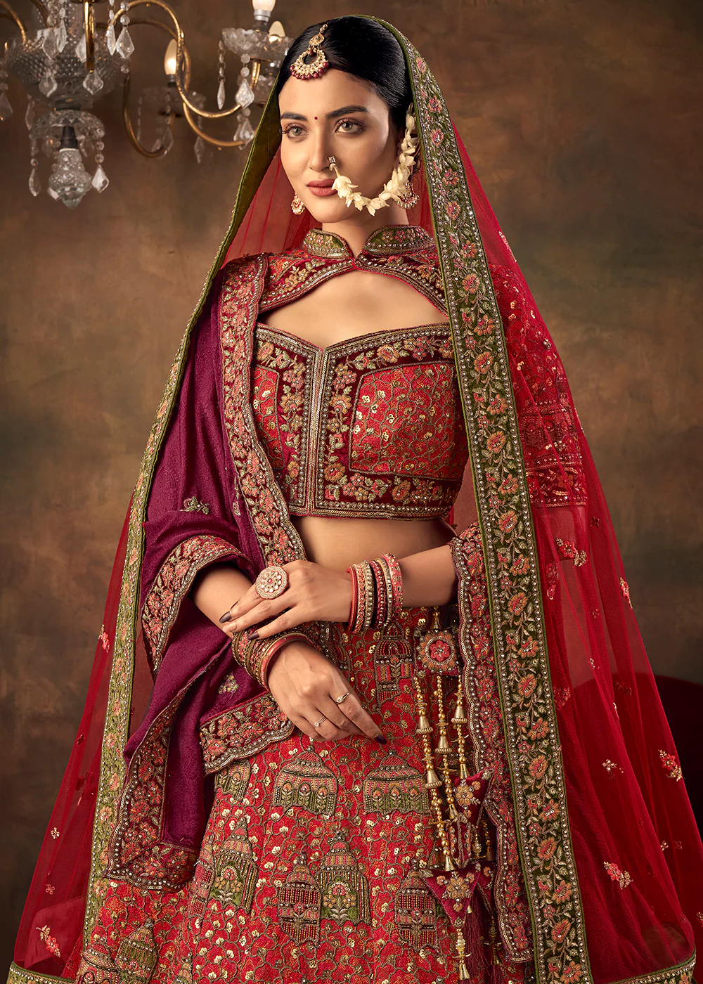 Lovely Red Heavy Handwork Silk Bridal Lehenga Choli - Image 2