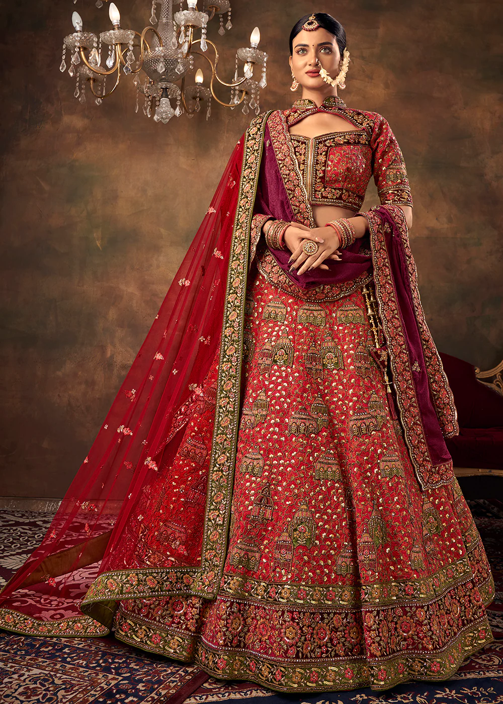 Lovely Red Heavy Handwork Silk Bridal Lehenga Choli - Image 3