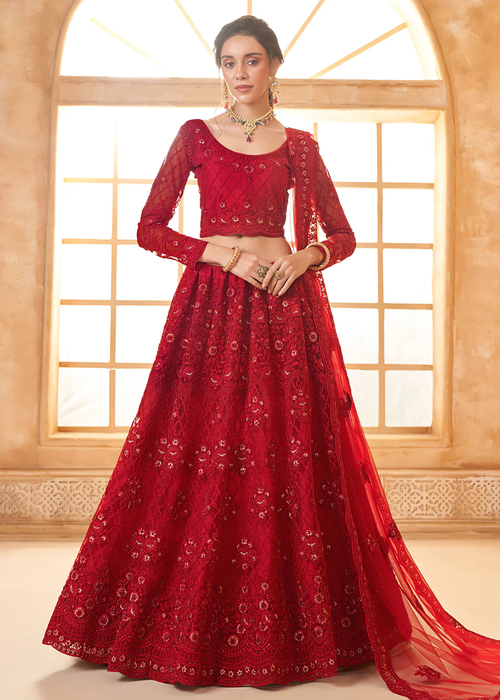 Lovely Red Heavy Net Embroidered Bridal Lehenga Choli