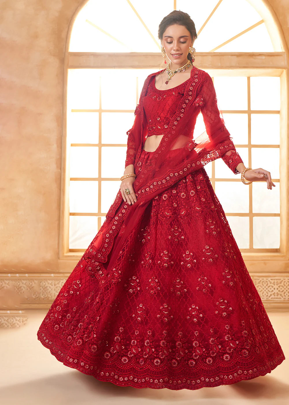 Lovely Red Heavy Net Embroidered Bridal Lehenga Choli - Image 4