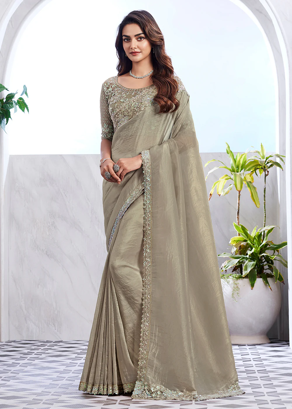 Lovely Sage Green Silk Embroidered Designer Saree