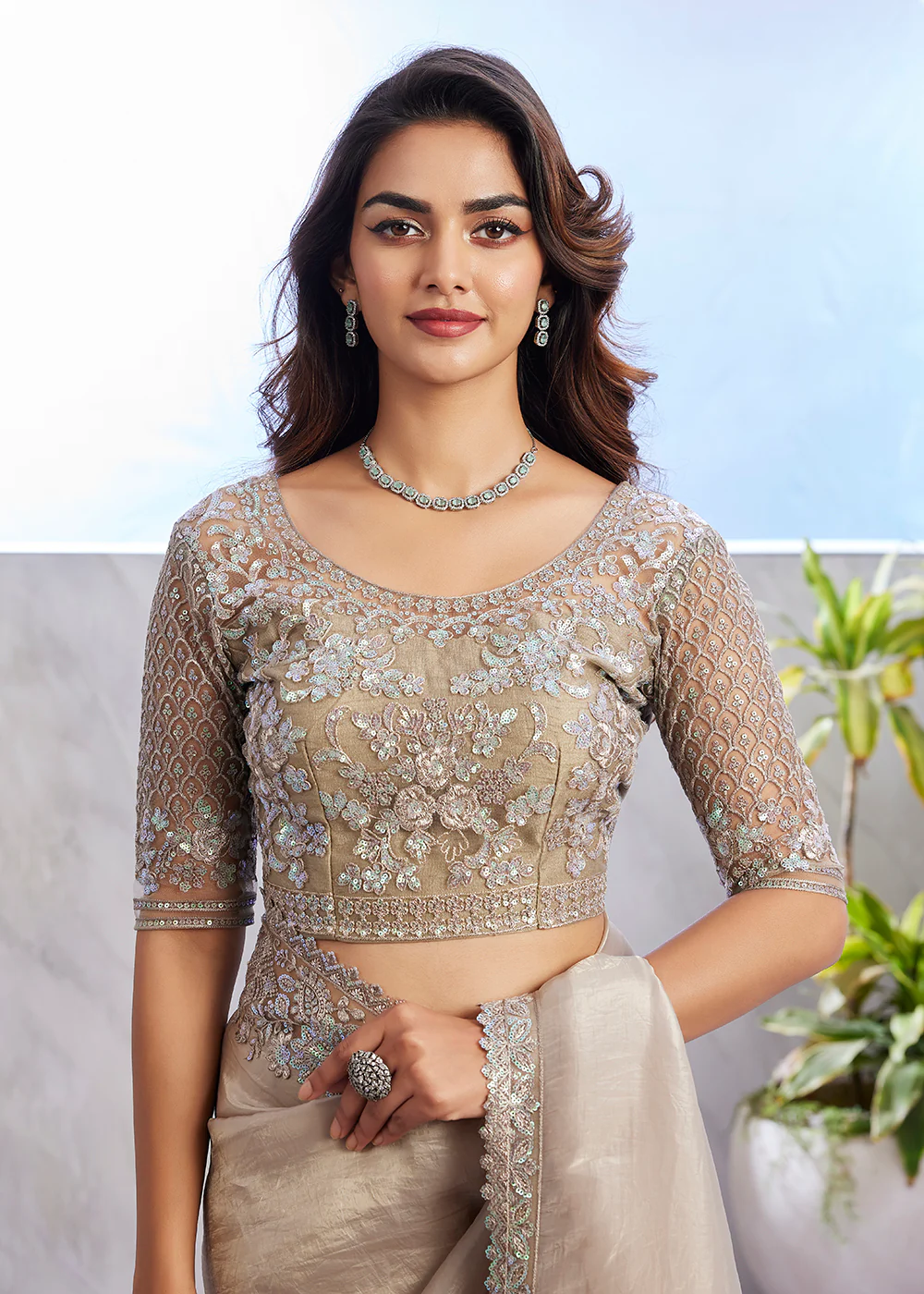 Lovely Sage Green Silk Embroidered Designer Saree - Image 2