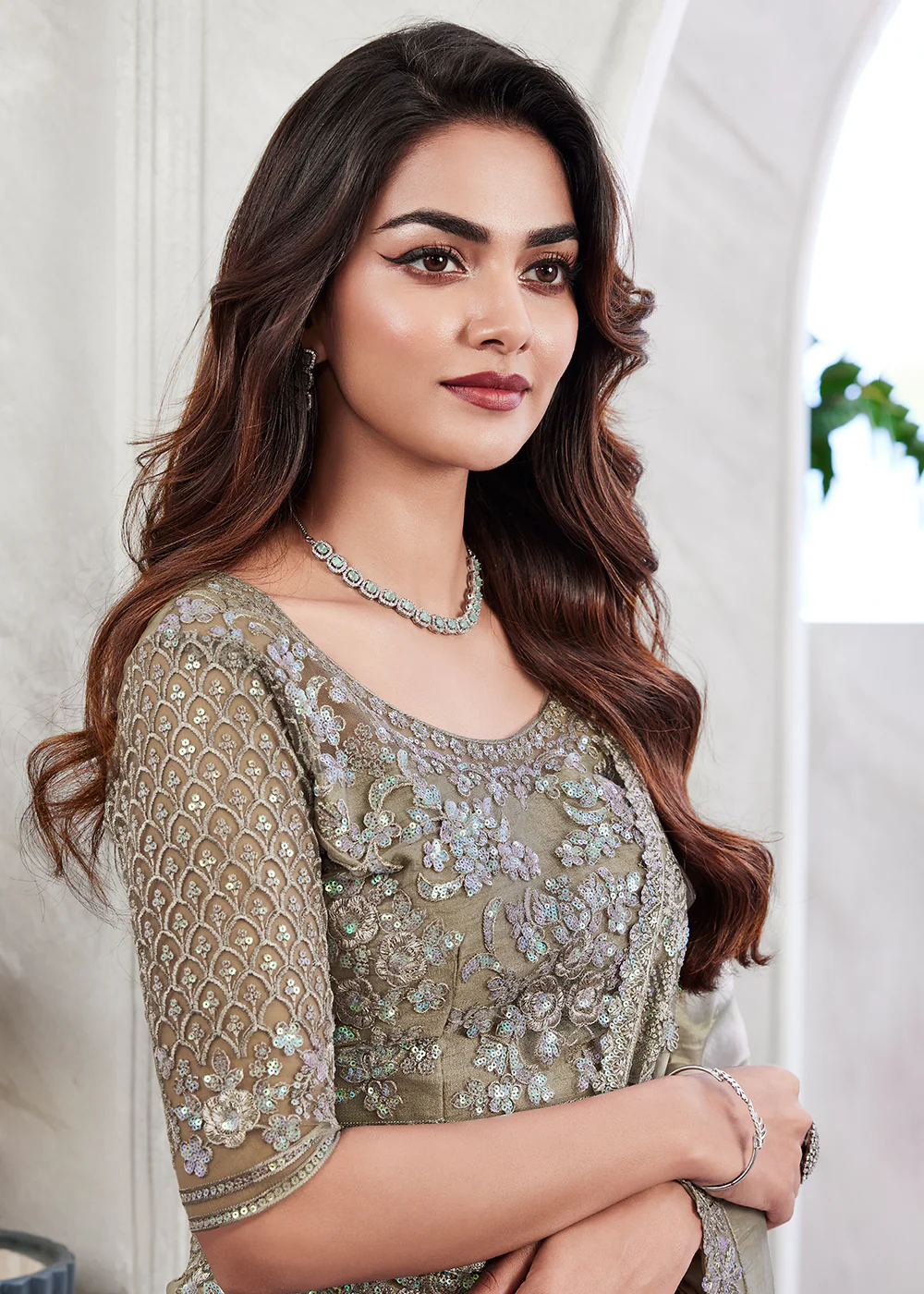 Lovely Sage Green Silk Embroidered Designer Saree - Image 3