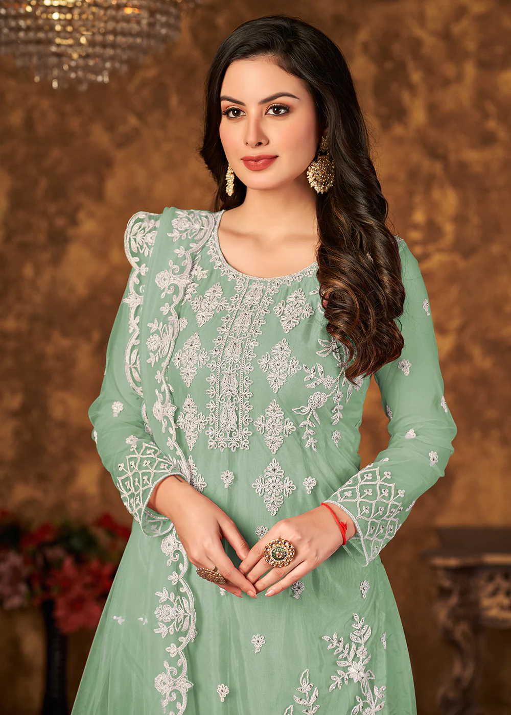 Lovely Sea Green Cording Embroidered Net Palazzo Suit - Image 2