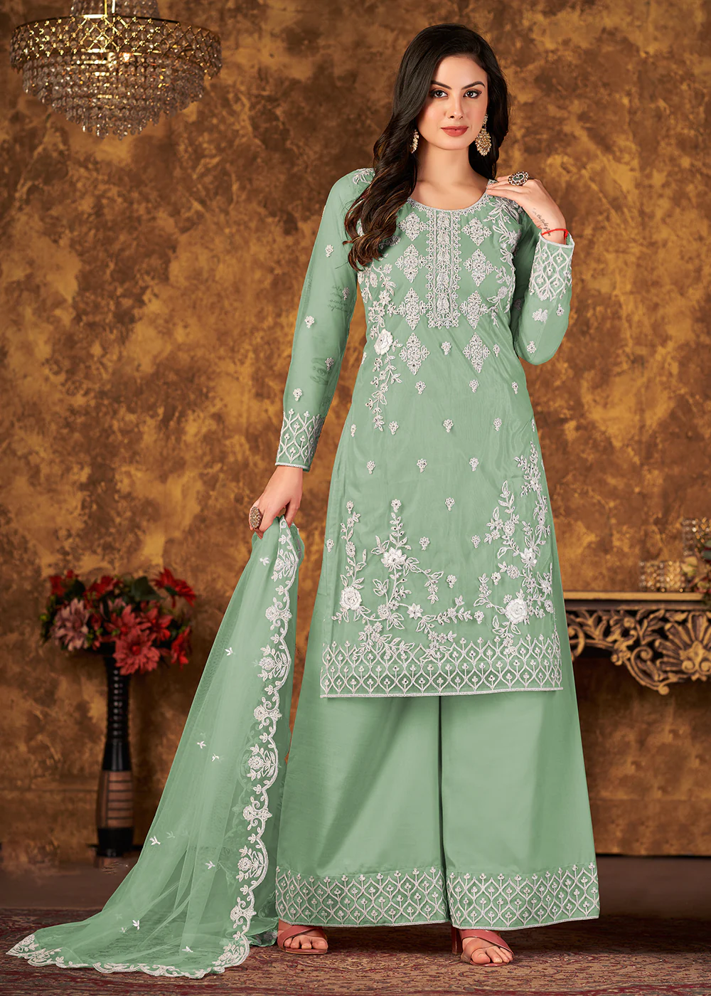 Lovely Sea Green Cording Embroidered Net Palazzo Suit - Image 3