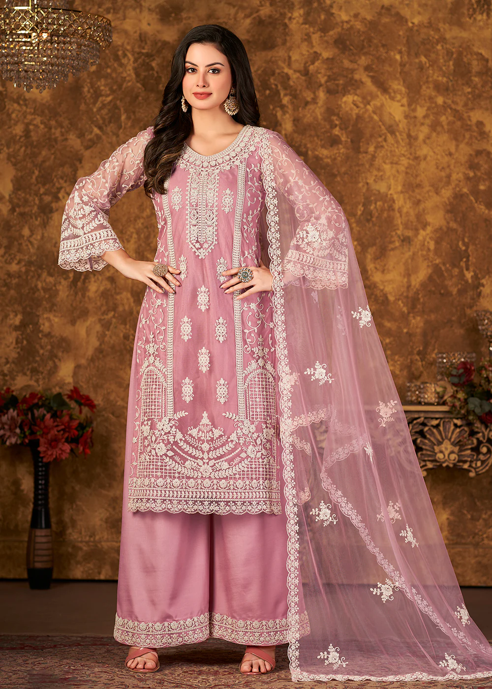 Lovely Soft Pink Cording Embroidered Net Palazzo Suit