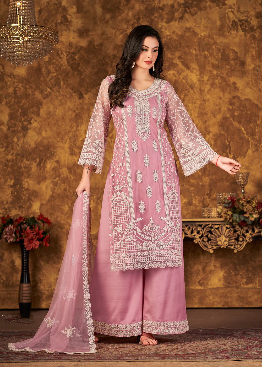 Lovely Soft Pink Cording Embroidered Net Palazzo Suit - Image 3