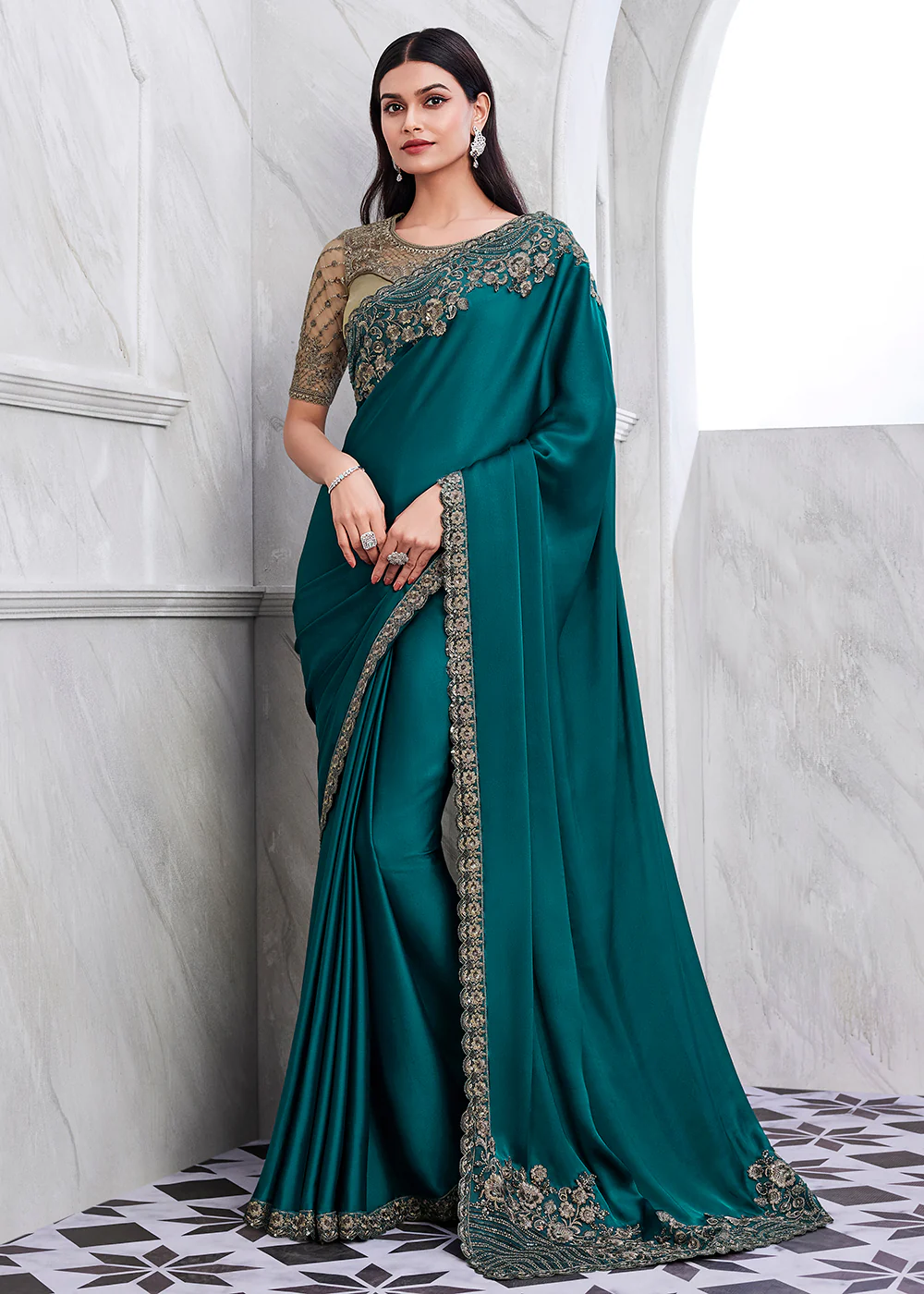 Lovely Teal Blue Silk Embroidered Designer Saree