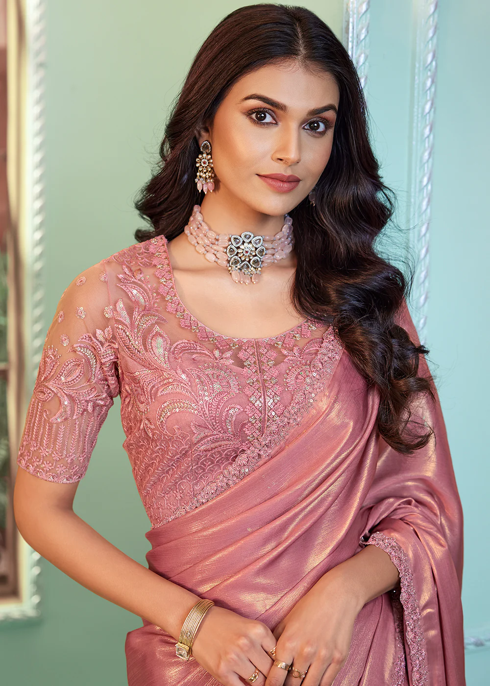 Lovely Two Tone Pink Embroidered Wedding Party Wear Saree - Image 2