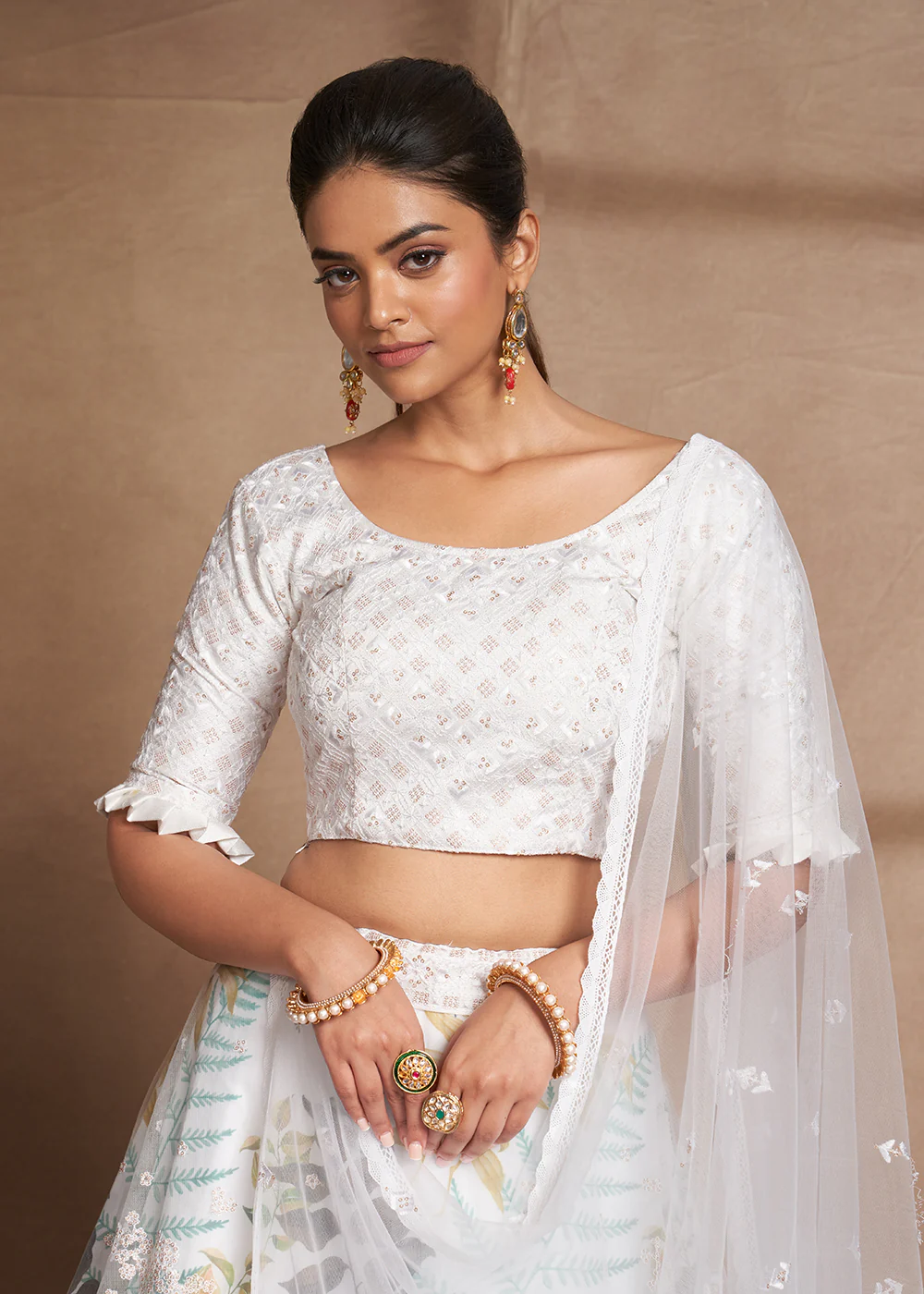 Lovely White Floral Digital Printed & Embroidered Lehenga Choli - Image 2