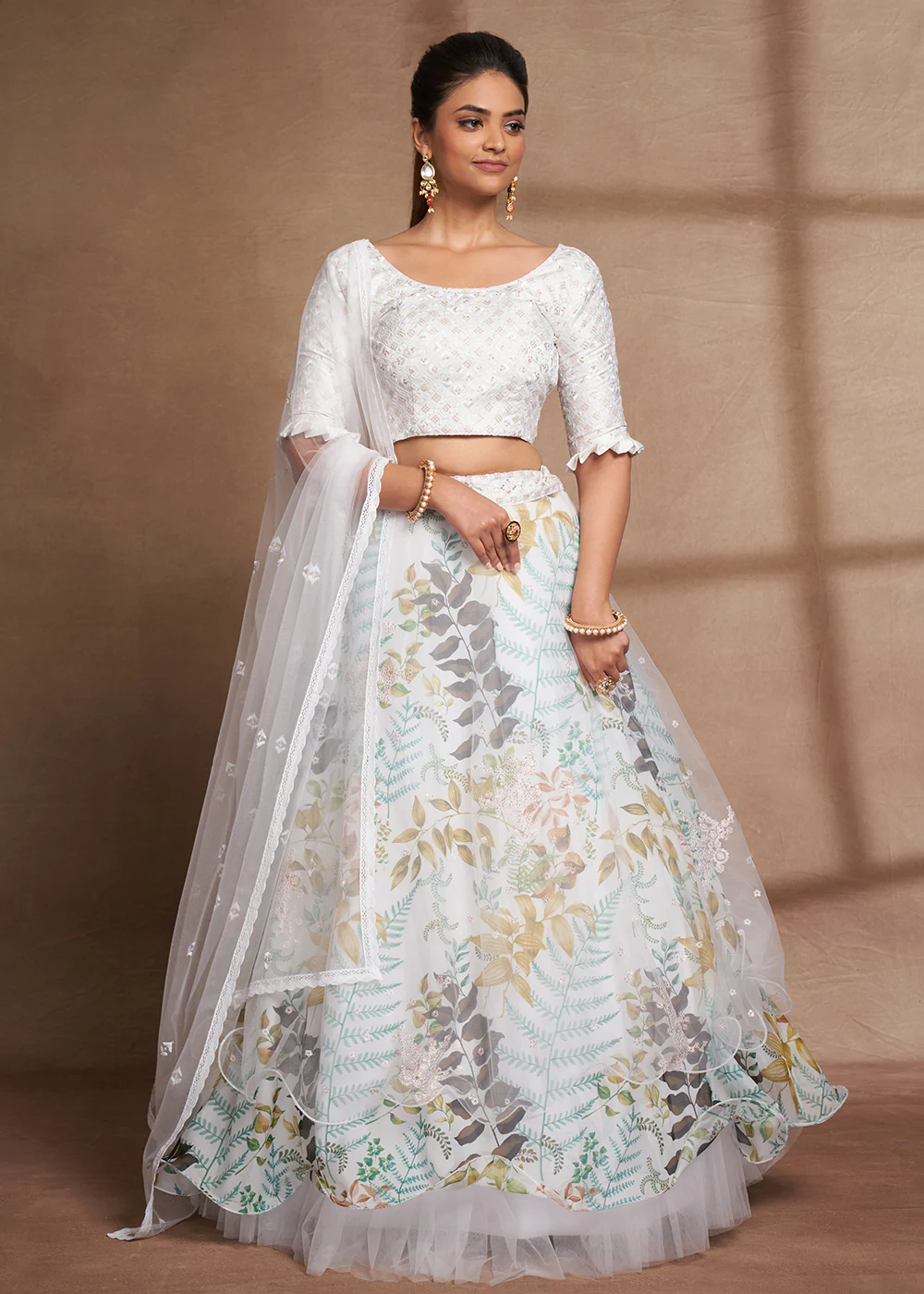 Lovely White Floral Digital Printed & Embroidered Lehenga Choli - Image 3