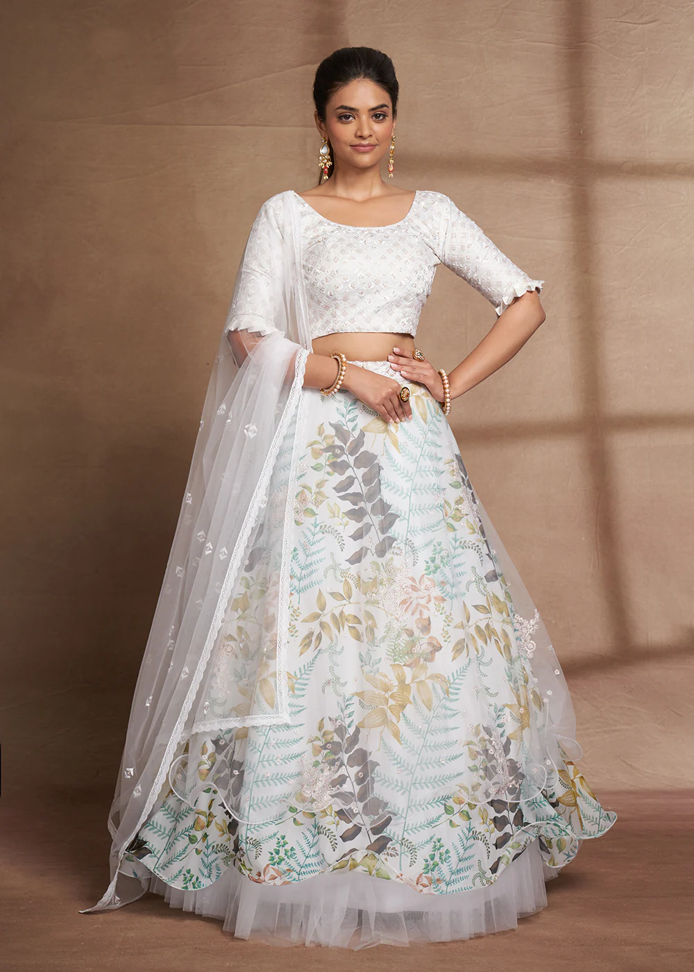 Lovely White Floral Digital Printed & Embroidered Lehenga Choli - Image 4