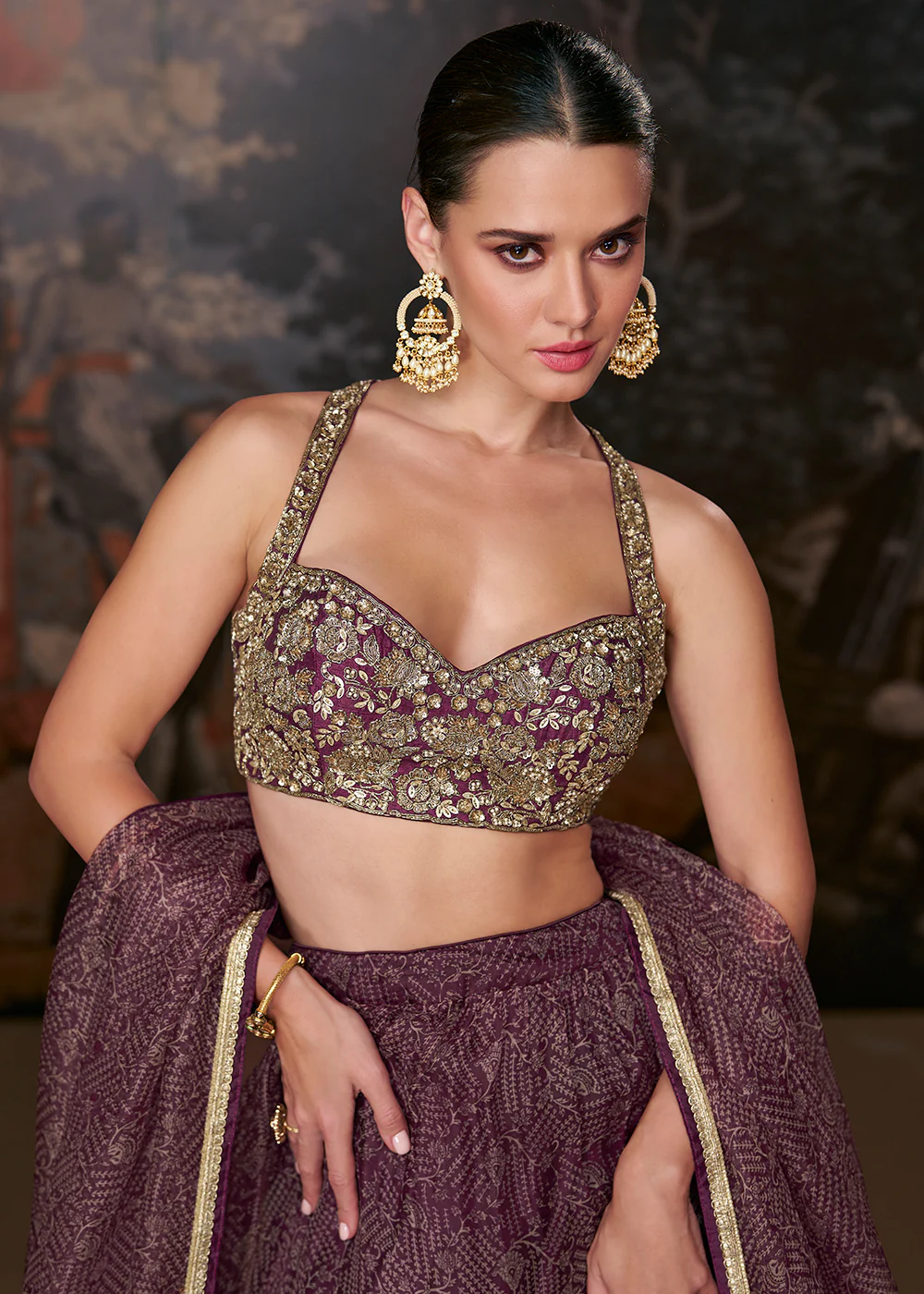 Lovely Wine Organza Silk Designer Wedding Lehenga Choli - Image 2