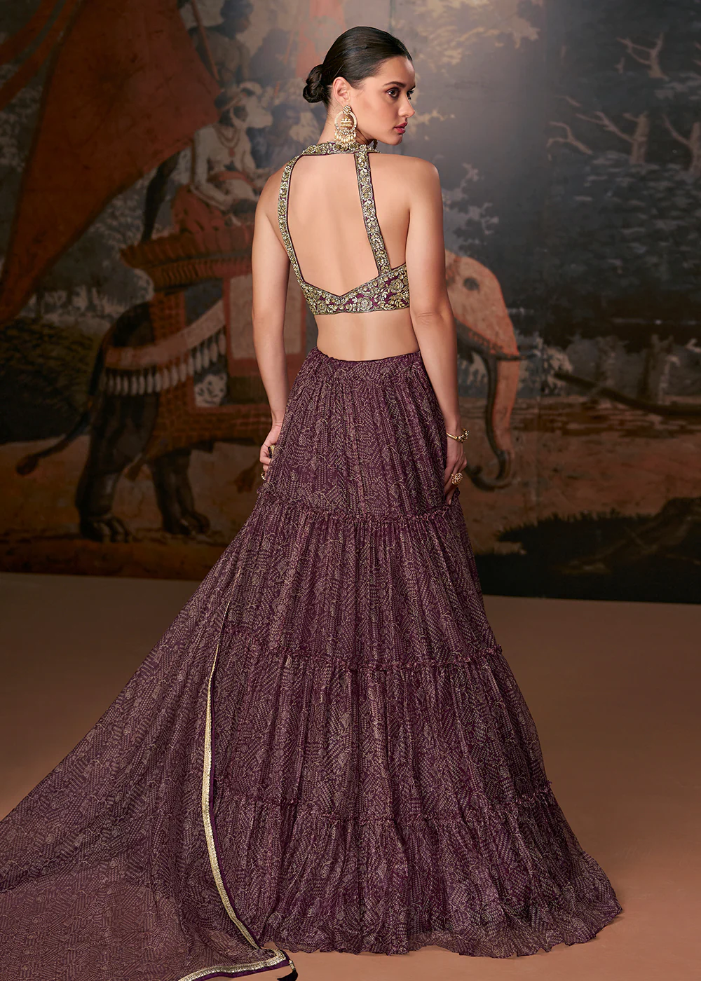 Lovely Wine Organza Silk Designer Wedding Lehenga Choli - Image 3