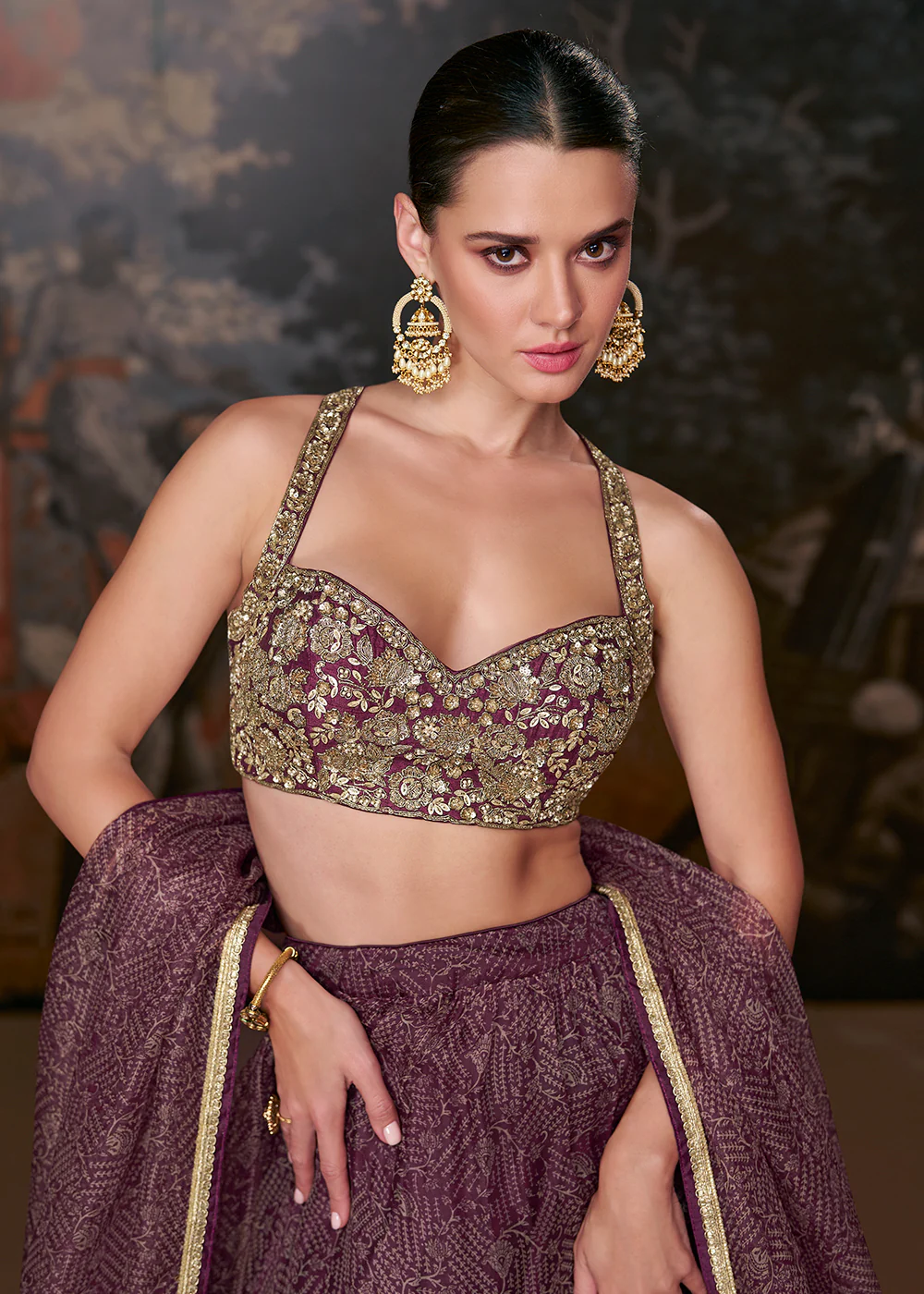 Lovely Wine Organza Silk Designer Wedding Lehenga Choli - Image 4