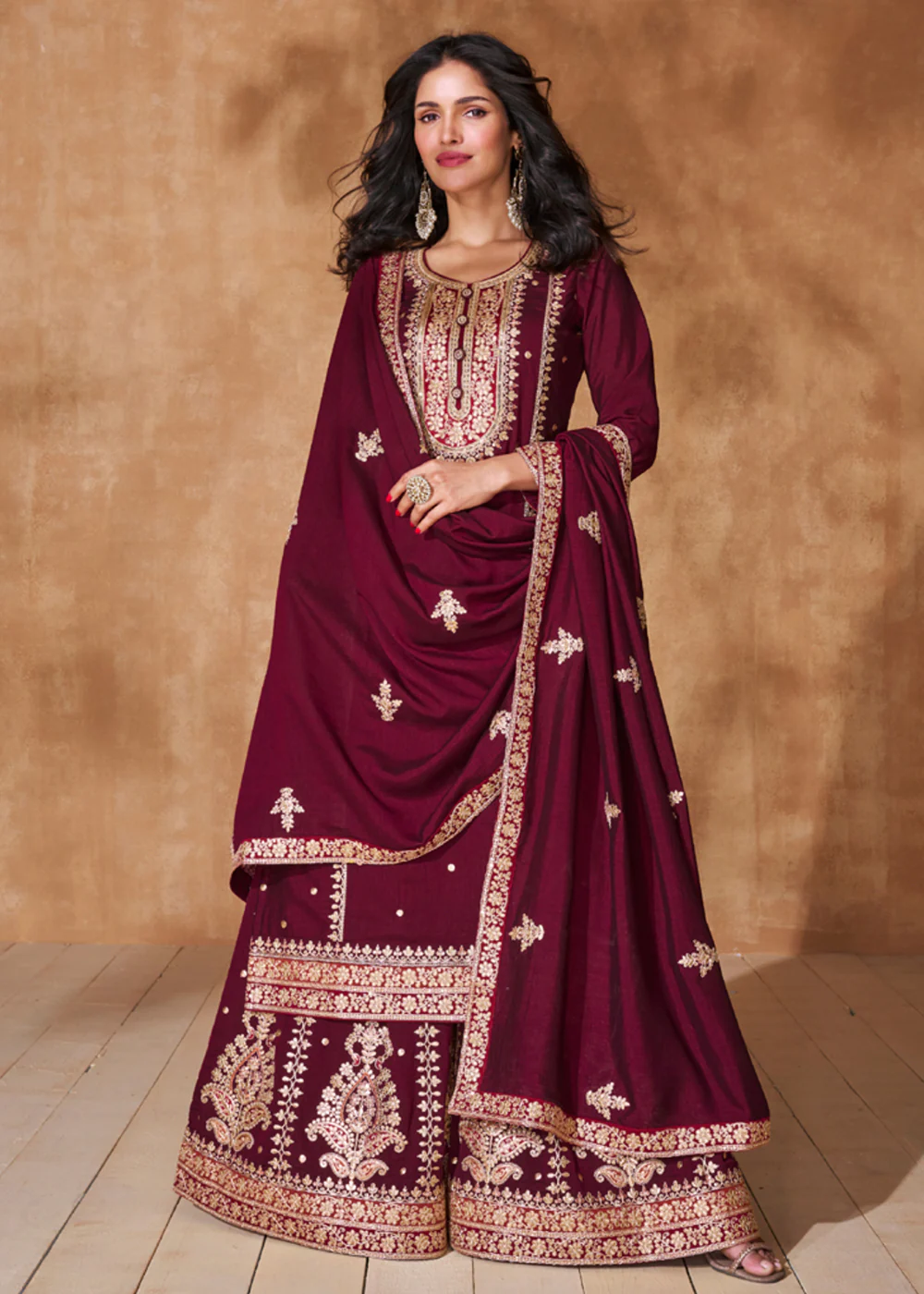 Lovely Wine Premium Silk Designer Palazzo Style Suit - Image 3