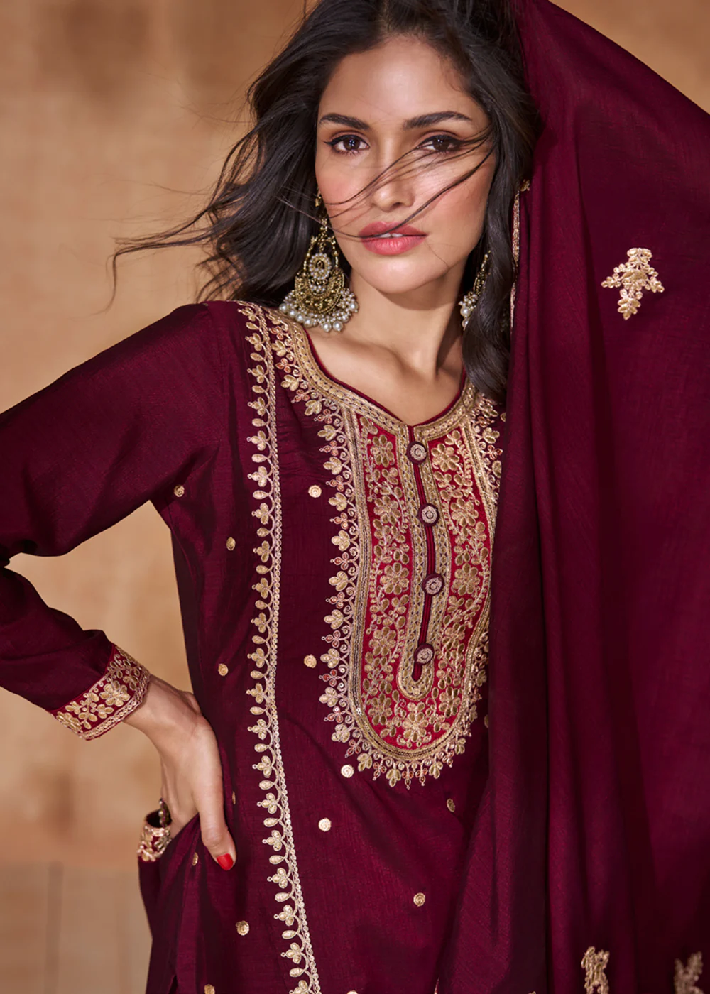 Lovely Wine Premium Silk Designer Palazzo Style Suit - Image 4