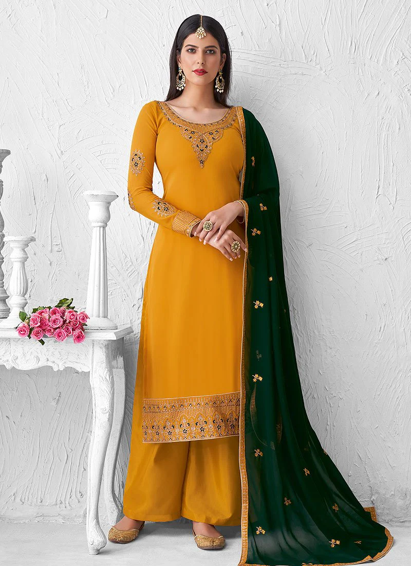 Lovely Yellow Embroidered Georgette Palazzo Suit