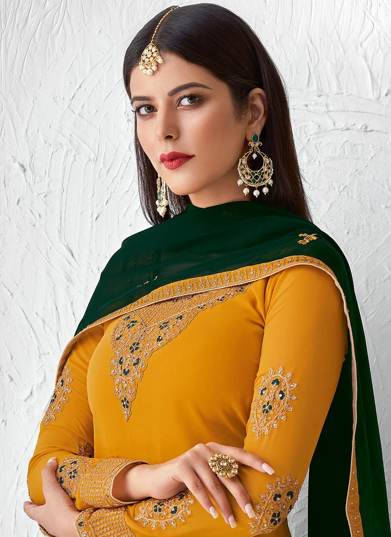 Lovely Yellow Embroidered Georgette Palazzo Suit - Image 2