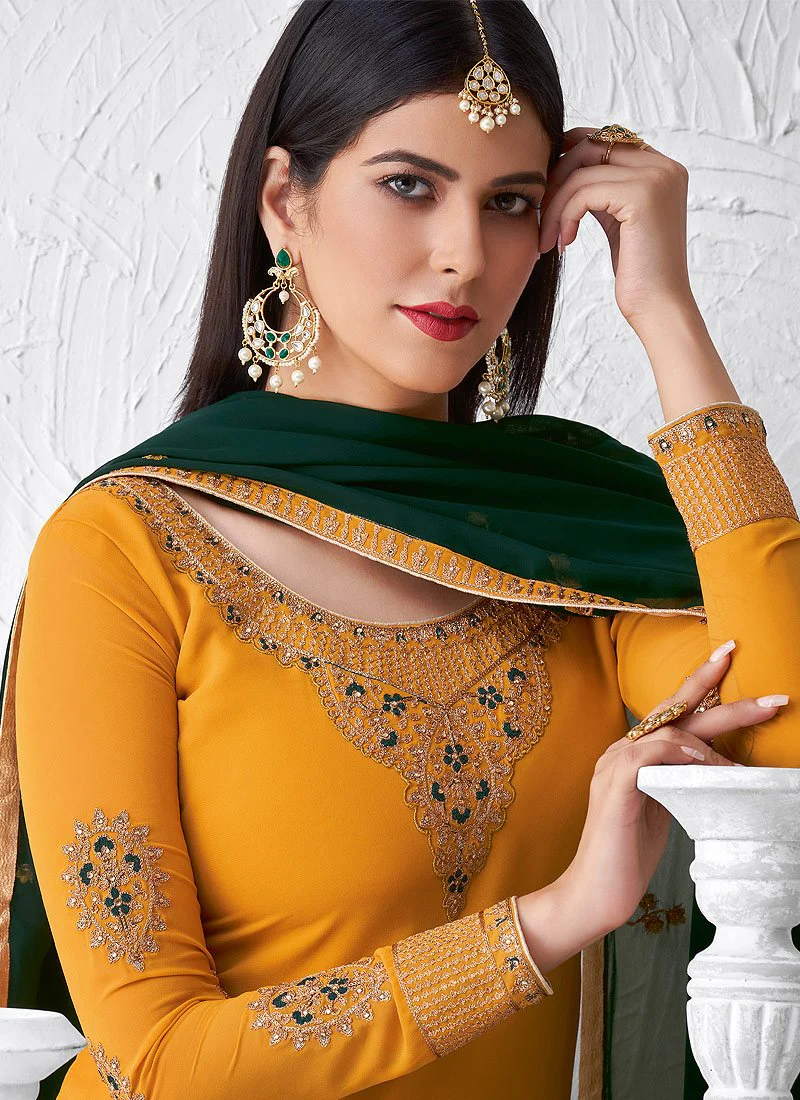 Lovely Yellow Embroidered Georgette Palazzo Suit - Image 3