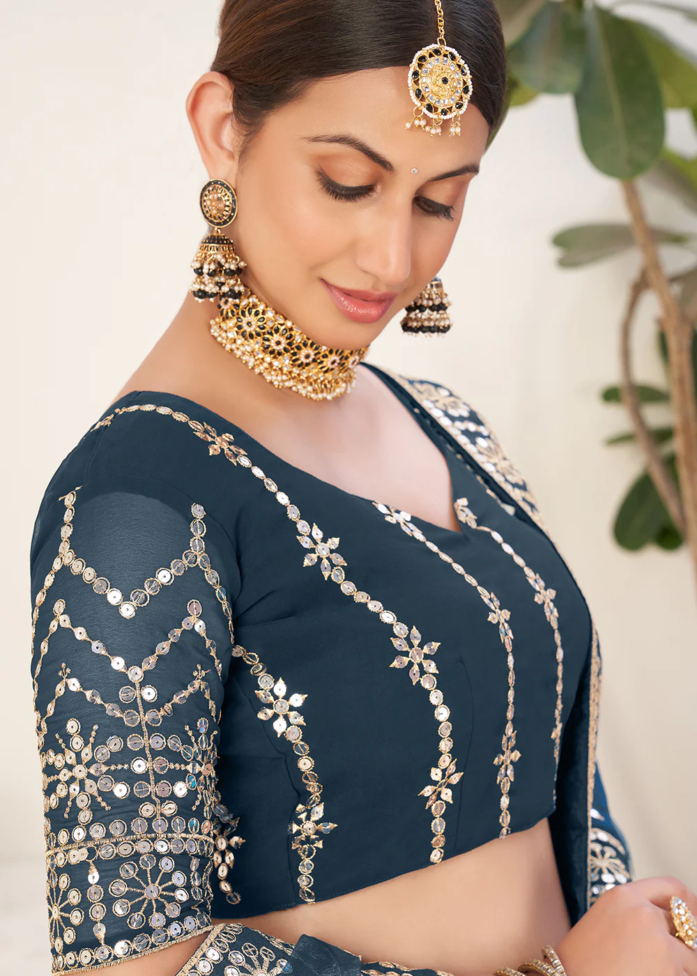 Loyal Blue Bordered Sequins Sangeet Wear Lehenga Choli - Image 2