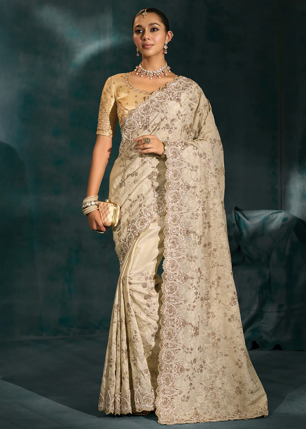 Lucknowi Cream Cut Dana & Mirror Work Designer Saree