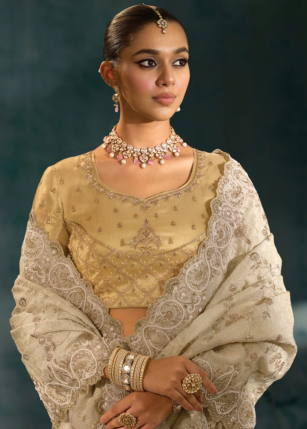 Lucknowi Cream Cut Dana & Mirror Work Designer Saree - Image 2