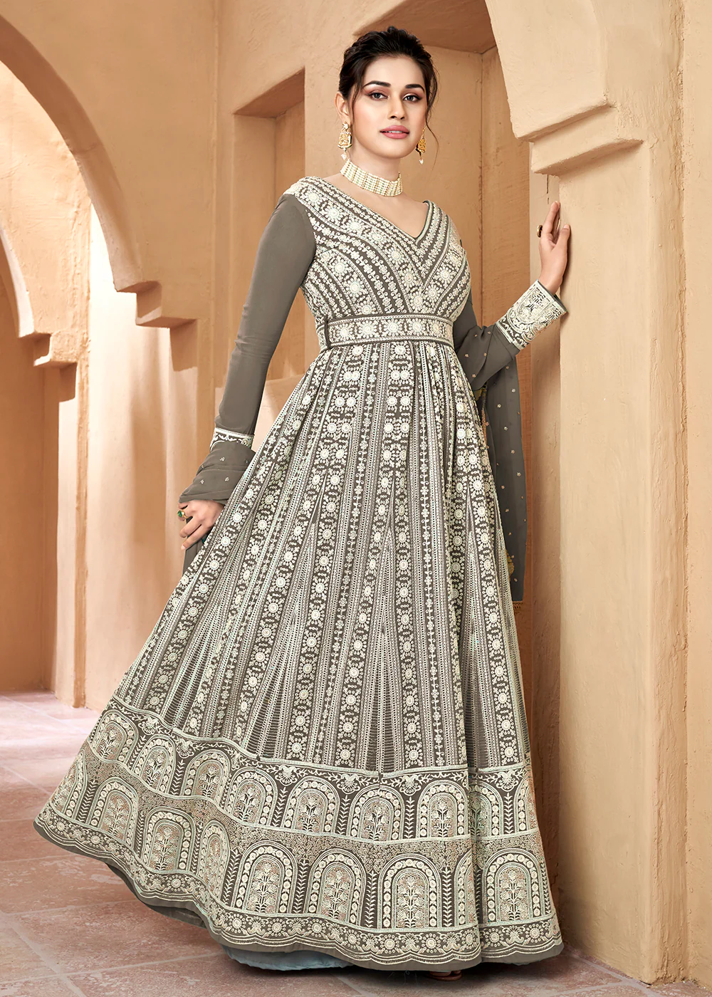 Lucknowi Floor Length Anchor Grey Ethnic Anarkali Suit