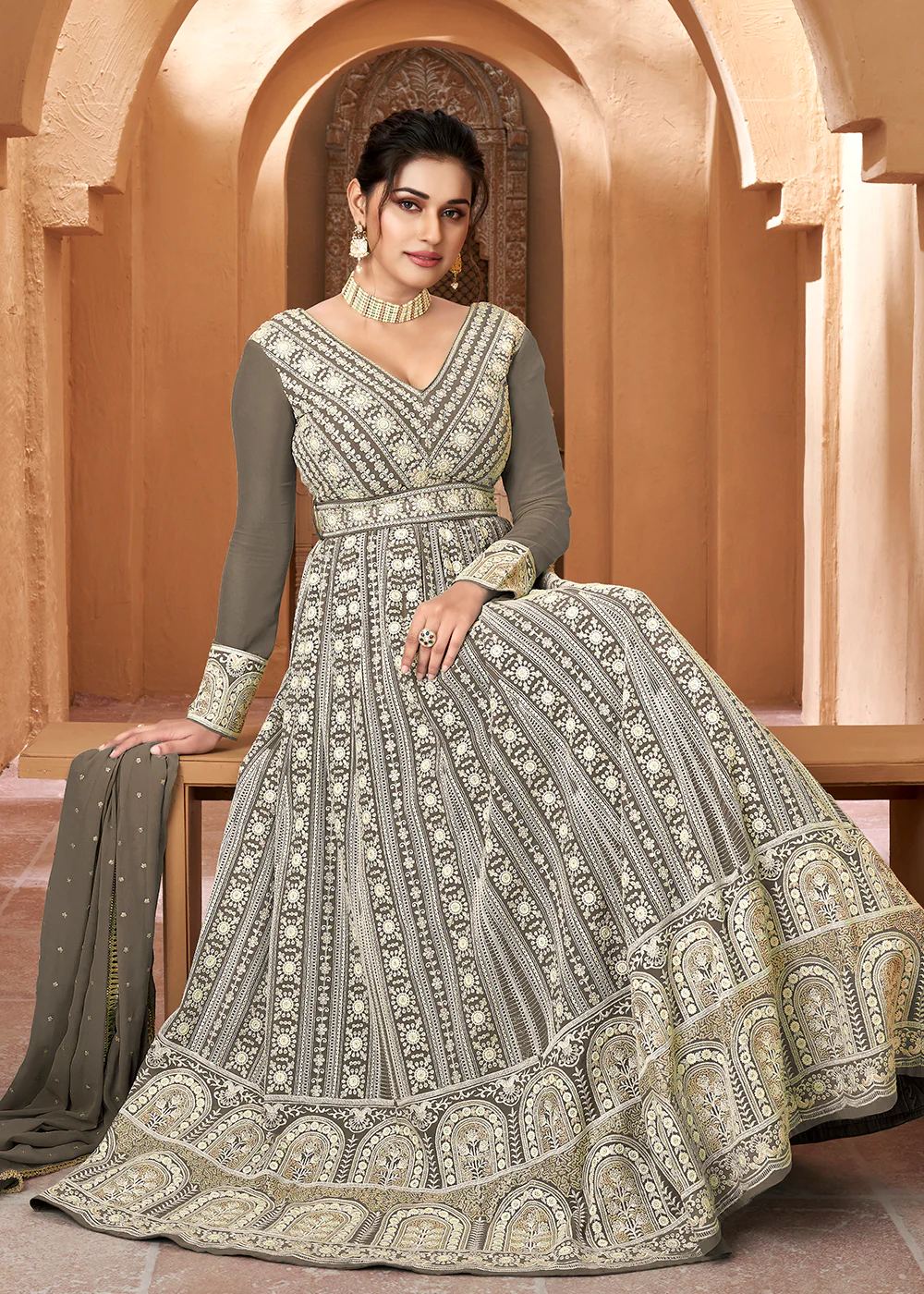 Lucknowi Floor Length Anchor Grey Ethnic Anarkali Suit - Image 3