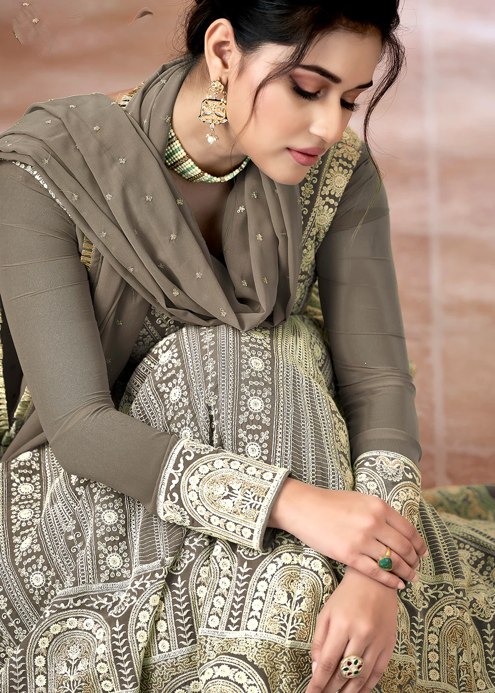 Lucknowi Floor Length Anchor Grey Ethnic Anarkali Suit - Image 4