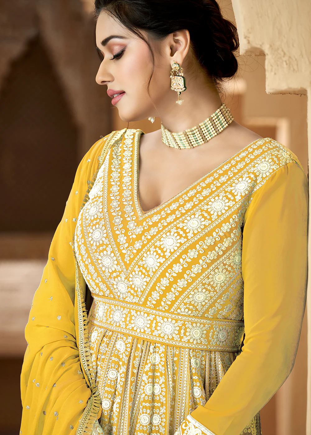 Lucknowi Floor Length Corn Yellow Ethnic Anarkali Suit - Image 2