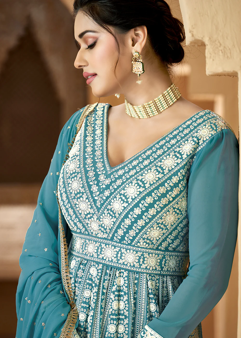 Lucknowi Floor Length Olympic Blue Ethnic Anarkali Suit - Image 2