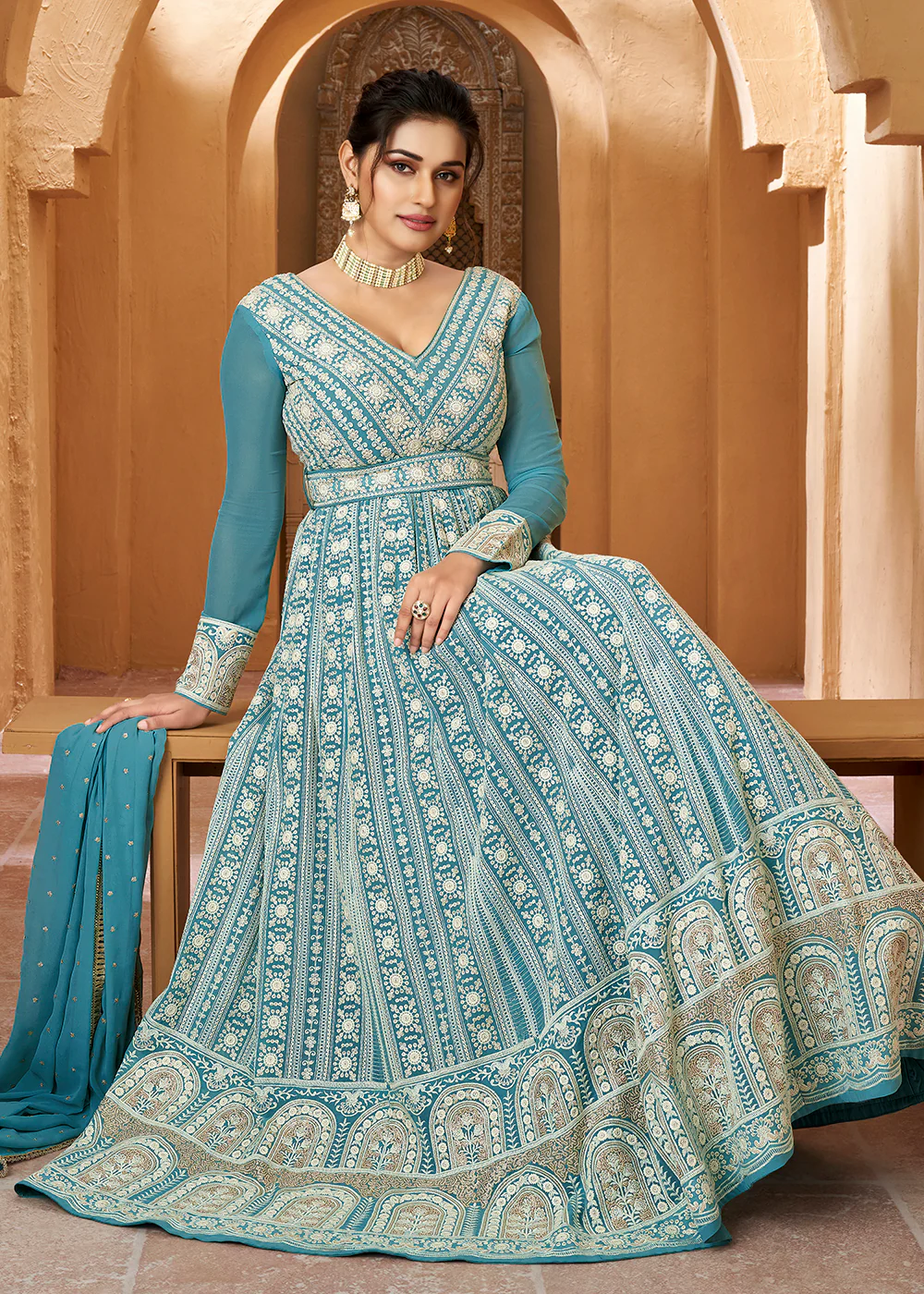 Lucknowi Floor Length Olympic Blue Ethnic Anarkali Suit - Image 3
