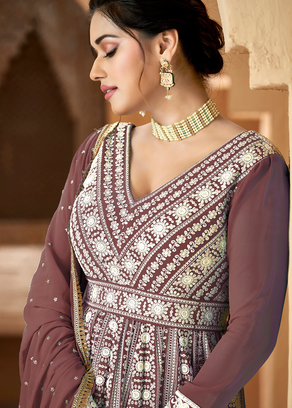 Lucknowi Floor Length Walnut Brown Ethnic Anarkali Suit - Image 2