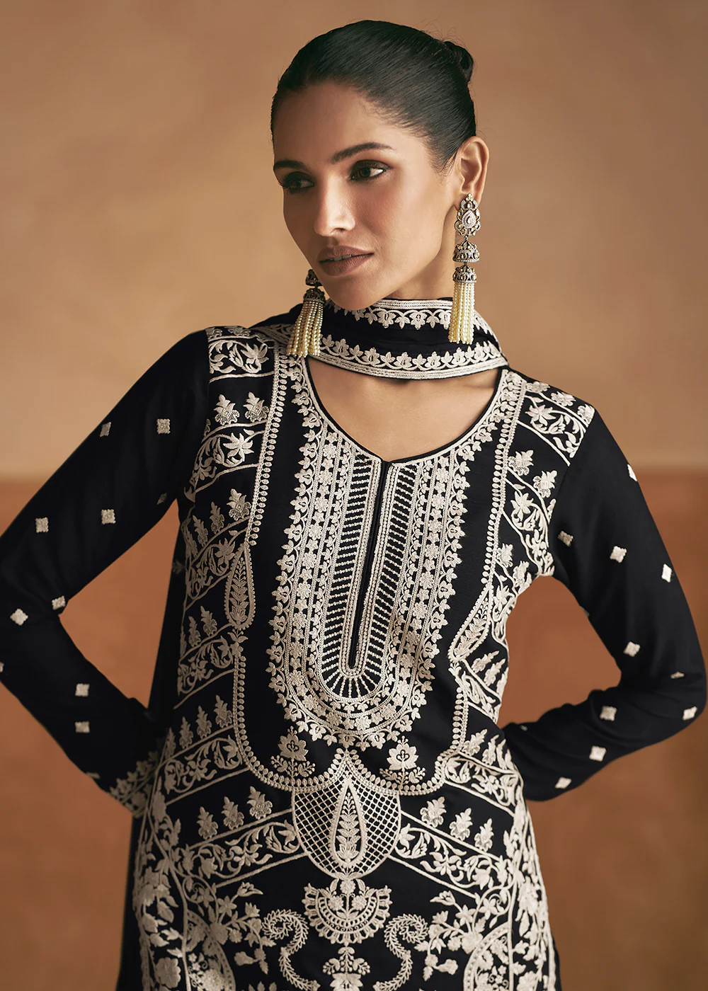 Lucknowi Style Embroidered Black Silk Palazzo Suit - Image 2