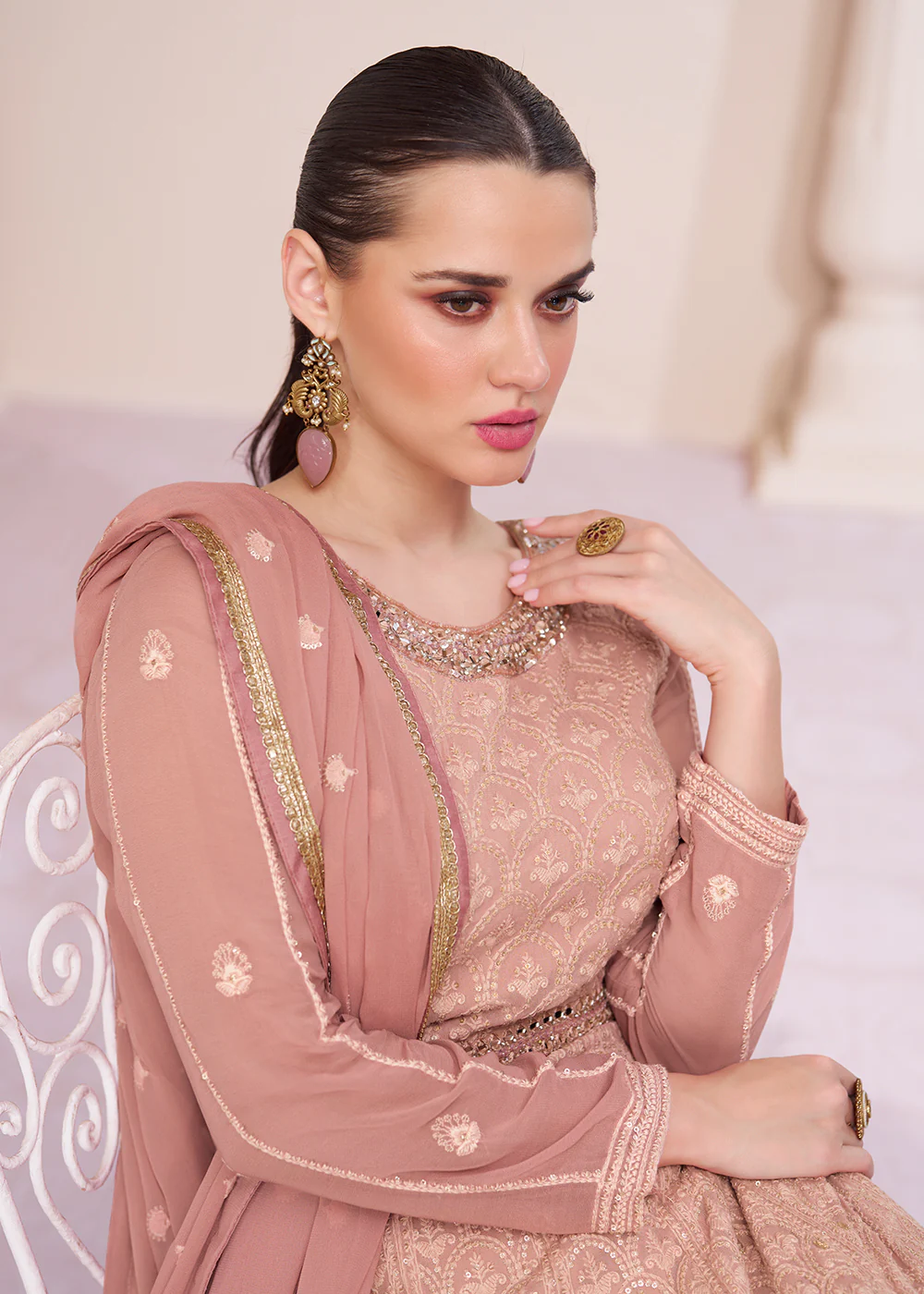 Lucknowi Style Embroidered Peach Georgette Wedding Anarkali Gown - Image 2