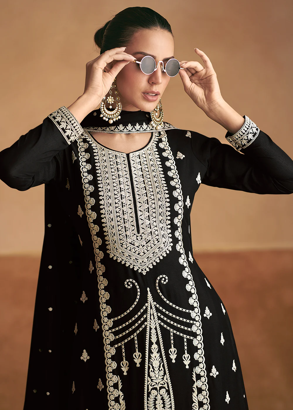 Lucknowi Style Embroidered Silk Black Palazzo Suit - Image 2
