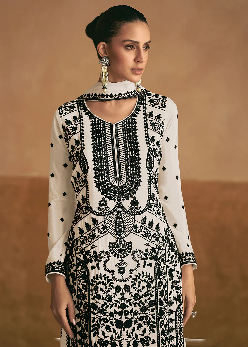 Lucknowi Style Embroidered Silk White Palazzo Suit - Image 2