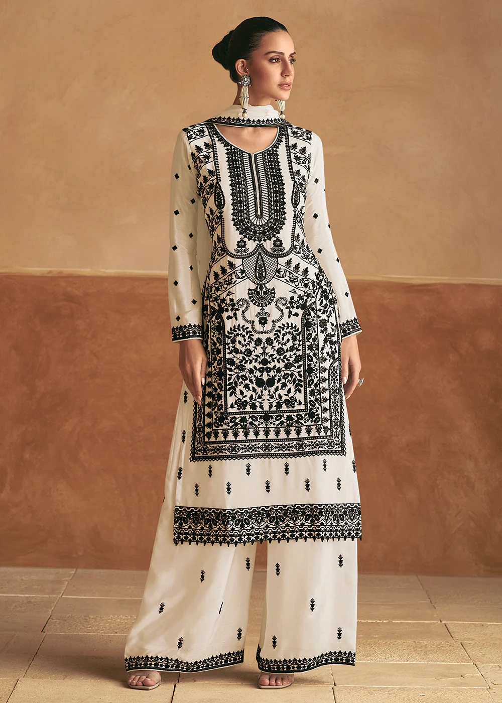 Lucknowi Style Embroidered Silk White Palazzo Suit - Image 3