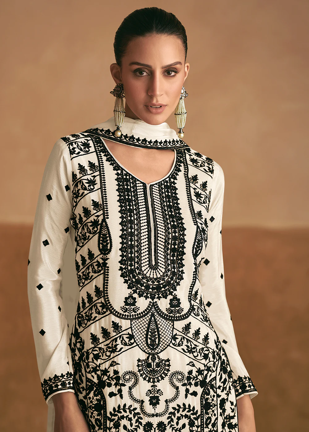 Lucknowi Style Embroidered Silk White Palazzo Suit - Image 4