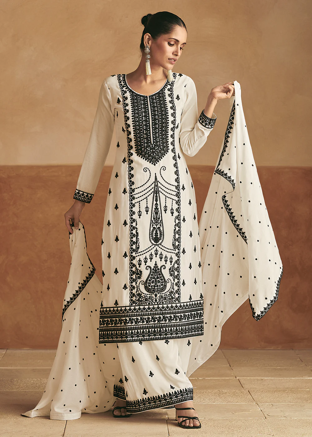 Lucknowi Style Embroidered White Silk Palazzo Suit - Image 3